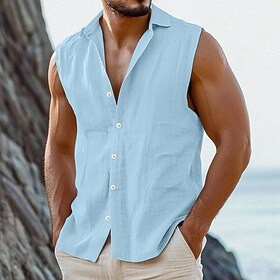 Men's Shirt Linen Shirt Summer Shirt Beach Wear Button Up Shirt Plain Vacation Curise White Pink Light Blue Sleeveless Collar Summer Spring Clothing Apparel