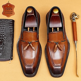 Men's Handmade Genuine Leather Loafers - Premium Brown Slip-On Tassel Dress Shoes for Kentucky Derby, Business  Formal Occasions