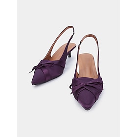 Women's Purple Satin Bow Slingback Kitten Heels  Stylish Evening  Romantic Date Shoes