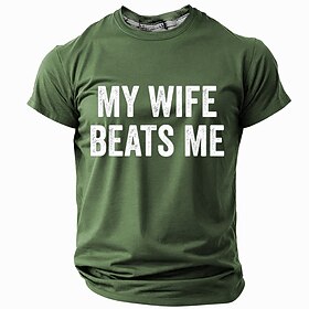 Men's Funny Graphic T-Shirt with 'My Wife Beats Me' Slogan - Husband Humor Short Sleeve Tee