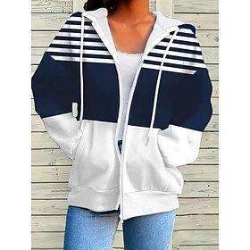 Women's Hooded Sweatshirt Jacket Long Sleeve Zip Up Hoodie With Pocket Lightweight Casual Micro-elastic Oversized Geometric Striped Active Vintage Sports Draws