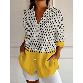 Women's Shirt Linen Like Breathable Lightweight Button Down Tunic Shirt Collar Long Sleeve Graphic Polka Dot Casual Regular Tops Work Daily s Print Yellow Blue