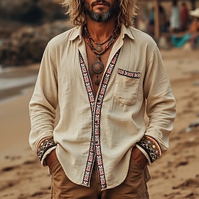 Men's Shirt Linen Shirt Summer Shirt Beach Shirt Retro Shirts Vintage Shirt Solid Color Vacation Holiday Khaki Long Sleeve Clothing Apparel