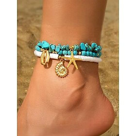 Bohemian Beach Anklet Set  Handmade Turquoise Beaded Ankle Bracelets with Seashell, Starfish, and Conch Charms, Summer Foot Jewelry for Women, Vacation  Festi
