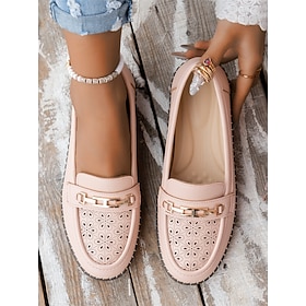 Women's Pink Loafer Moccasins - Breathable Hollow-Out Slip-On Flats with Metal Accent for Casual Workwear