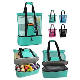 Large Mesh Beach Tote Bag with Insulated Cooler  Waterproof Travel Shoulder Bag for Women  Men, Lightweight Sandproof Picnic Bag for Pool, Vacation, Camping