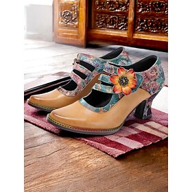 Women's 1930s Vintage Floral Leather Mary Jane Heels  Retro Chunky Heel Shoes with Flower Accent for Formal Events, Office, and Casual Wear