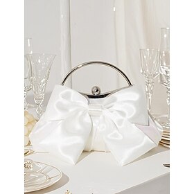 Women's Satin Bow Evening Clutch Bag  Elegant Pearl Frame Handle Purse for Brides, Weddings, Cocktail Parties and Formal Events Silver Black White