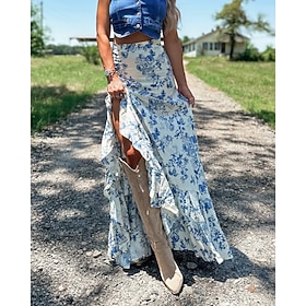 Women's Skirt Casual Boho Maxi Mid Rise Skirts Floral Print Split Ends Micro-elastic Vacation Street White Summer Polyester