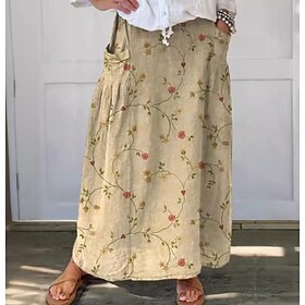 Women's Skirt Maxi Skirt Casual Maxi High Waist Skirts Floral Linen Micro-elastic Street Yellow Blue Green Pale Blue Summer Polyester Linen