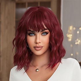 Peluca roja con flequillo, pelucas onduladas cortas para mujer, peluca bob rizada de color rojo vino hasta los hombros, pelucas de fibra sintética para uso dia