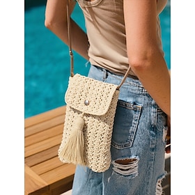 Women's Woven Straw Crossbody Phone Bag with Tassel  Boho Summer Beach Mini Purse for Travel, Outdoor and Casual Outfits