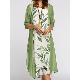 Women's Dress Set Summer Dress Casual Floral Print Midi Dress 3/4 Length Sleeve Crew Neck Daily Outdoor Blue Purple Green Summer Spring Regular Fit