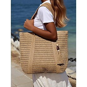 Women's Woven Straw Tote Bag with Tassel  Large Summer Beach Handbag for Vacation, Travel and Casual Outings Color White Green Khaki
