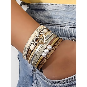 Women's Magnetic Faux Leather Bracelet – Heart Pearl Charm Alloy Cuff with Inspirational Text, Boho Style Fashion Jewelry Gift for Mom, Suitable for Mother's