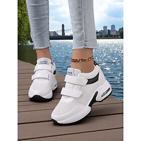 Women's White Mesh Sneakers with Velcro Straps  Fashion Air-Cushioned Athletic Shoes for Casual Wear and City Walks