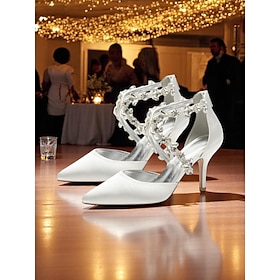 Women's White Satin Crystal Strap Heels  Elegant Pointed Toe Cocktail Shoes for Weddings and Evening Parties