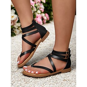 Women's Black Gladiator Flat Sandals  Strappy Ankle Wrap Summer Shoes for Beach  Casual Outfits