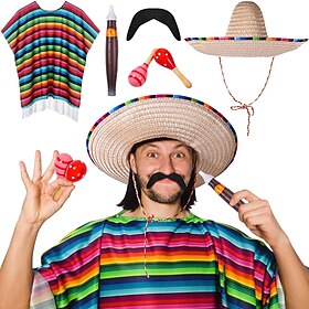 Ensemble de costumes mexicains 6 pièces comprenant un chapeau sombrero, un poncho mexicain, une fausse moustache, des maracas colorées et un bâton pour adultes