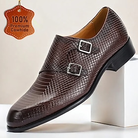 Men's Brown Snakeskin Pattern Leather Monk Strap Shoes  Sophisticated Kentucky Derby Dress Shoes for Outdoor Events and Horse Races