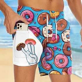 Men's Novelty Donuts Lined Shorts 2 in 1 Board Shorts Swim Shorts Mid Waist Hawaiian Vacation Holiday Beach Wear Side Pockets With Compression Liner Elastic Dr