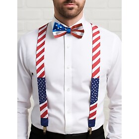 Men's American Flag Suspenders and Bow Tie Set – Patriotic Adjustable Y-Back Braces with Clips, Stars and Stripes Design, Independence Day 4th of July Outfit A