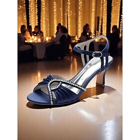 Women's Navy Blue Satin Rhinestone Heeled Sandals  Elegant Open-Toe Dress Shoes for Cocktail Party, Wedding  Evening Events