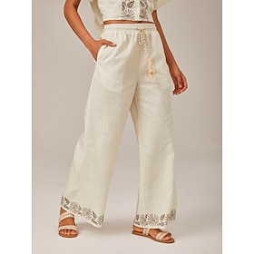 Damen Weiblich Weites Bein Volle Länge Druck Hohe Taille Elegant Bohemien Urlaub Lässig Strandurlaub Aprikose Sommer…: retailer-supplied image