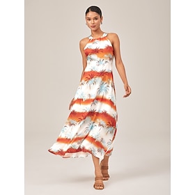 Femmes Robe Décontractée Robe Maxi Orange Sans manches Palmier Coucher du soleil Fermeture éclair Imprimé Fermeture…: retailer-supplied image