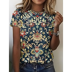 Women's T Shirt Print Graphic Paisley Vintage Stylish Casual Short Sleeve Crew Neck Regular Tops Daily Weekend Beach Wear BlackWhiteRed Black Pink Dark Green B