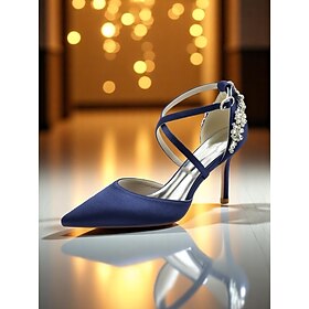 Elegant Navy Blue Satin Heels for Brides  Crystal Decorated Strappy Wedding Shoes Perfect for Cocktail and Evening Parties
