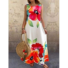 Women's Maxi Dress A Line Dress Vacation Casual Beach Daily Regular Fit Floral Graphic Sleeveless Crew Neck Red Summer Spring