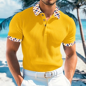 Men's Rib Knit Top Textured Work Casual Lapel Ribbed Polo Collar Short Sleeve Basic Modern Color Block Buttons Knitted Summer Spring Summer Slim Fit White Yel