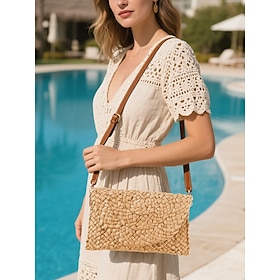 Women's Woven Straw Crossbody Bag - Boho Summer Clutch with Adjustable Shoulder Strap for Beachwear, Resort Wear and Casual Wear