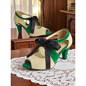 Women's Green and Beige Suede Peep Toe Heels with Black Ribbon-1950s Vintage Style Shoes for Elegant Parties, Dance Events, and Retro Outfits