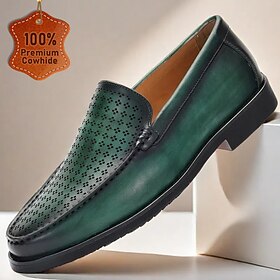 Men's Green Leather Loafers with Perforated Design  Kentucky Derby Shoes for Stylish Casual and Semi-Formal Events