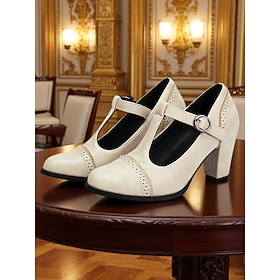 Women's Cream T-Strap Mary Jane Pumps with Brogue Detailing – 1950s Vintage Style Heeled Shoes for Parties, Weddings, and Retro Outfits