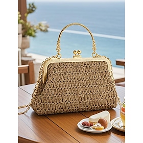 Women's Vintage Woven Straw Handbag  Elegant Kiss Lock Frame Purse with Gold Chain, Retro Style Clutch for Beach Vacations, Parties  Summer Outings