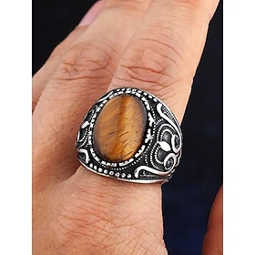 Men's vintage tiger eye stone stainless steel ring, antique silver tribal design, bold statement ring, suitable for casual and formal occasions