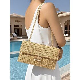 Women's Woven Straw Shoulder Bag with Gold Chain Strap  Elegant Summer Clutch Purse for Beach, Vacation  Resort Outfits