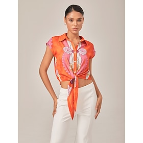 Damen Weiblich Durchgeknöpft Hemd Freizeithemd Grafik Lässig Strandurlaub Kappe Orange Verdreht Knöpfe Kurzarm…: retailer-supplied image