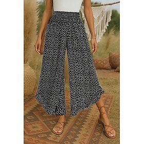 Women's Wide Leg Pants Trousers Bohemian Boho Long High Waist Polka Dot Printing Elastic Drawstring Design High Cut Breathability Soft Micro-elastic Vacation H