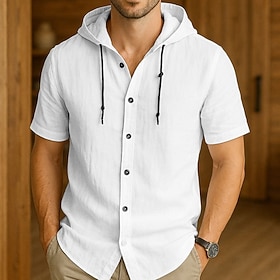 Men's Button Up Shirt Hooded Shirt Black White khaki Gray Light Blue Short Sleeve Solid / Plain Color Hooded Vacation Casual Hooded Clothing Apparel Polyester
