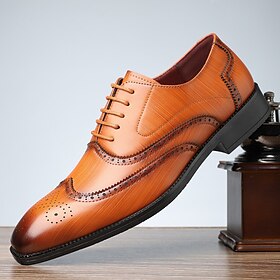 Men's Tan Faux Leather Brogue Oxfords  Stylish Prom Shoes for Classy and Formal Occasions