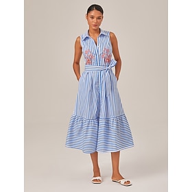 Damen Freizeitkleid Baumwoll-Kleid Blau Ärmellos Gestreift Palme Bestickt V-Ausschnitt Streifen Sommer V Ausschnitt…: retailer-supplied image