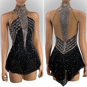 Figure Skating Dress Women's Girls' Ice Skating Dress Black Patchwork Asymmetric Hem Mesh High Elasticity Training Competition Skating Wear Classic Crystal / R
