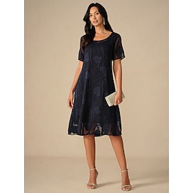 Women's Knee Length Dress Chiffon Dress Elegant Casual Loose Fit Floral Short Sleeve Crew Neck Navy Blue Summer