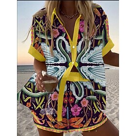 Women's 2 Pieces Fashion Streetwear Daily Shorts Sets Short Sleeve Shirt Collar Floral Graphic Print Vacation Casual Daily Yellow Pink Red Summer Regular Fit