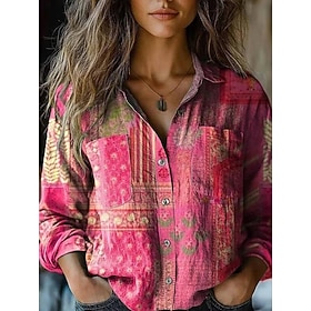 Women's Shirt Boho Shirt Pocket Buttons Print Floral Paisley Stylish Modern Long Sleeve Shirt Collar Regular Tops Daily Holiday Yellow Wine Red Navy Blue Fuchs