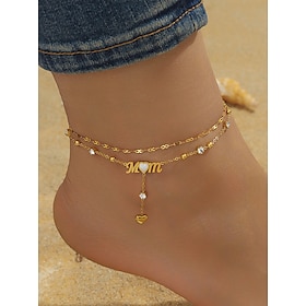 Women's Gold-Tone 'MOM' Heart Charm Anklet  Double-Layer Crystal Chain Design for Mothers, Elegant Beach Jewelry, Perfect Mother's Day Gift